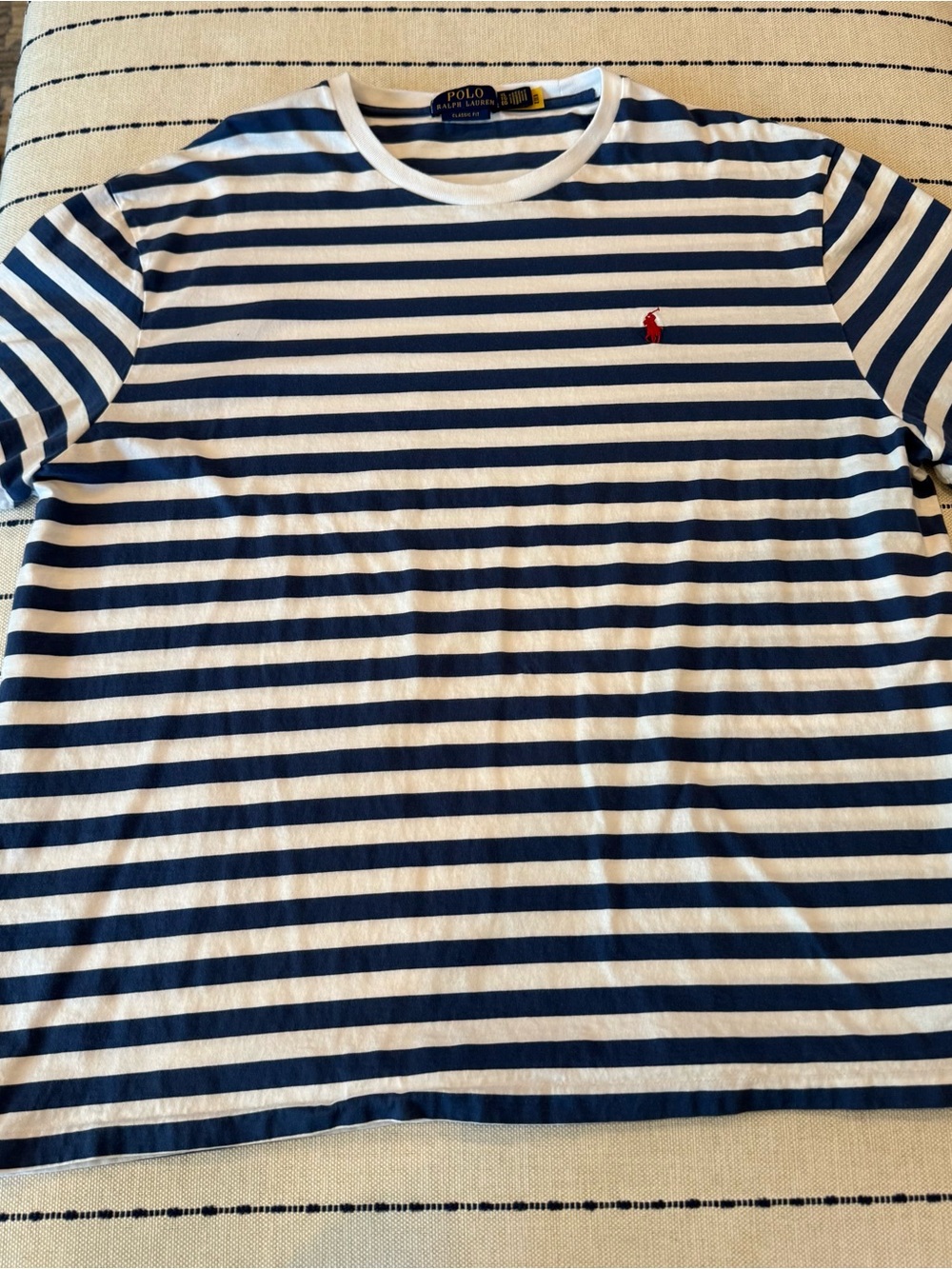 Ralph Lauren Striped Blue and White Crew Neck Tee with Red Polo